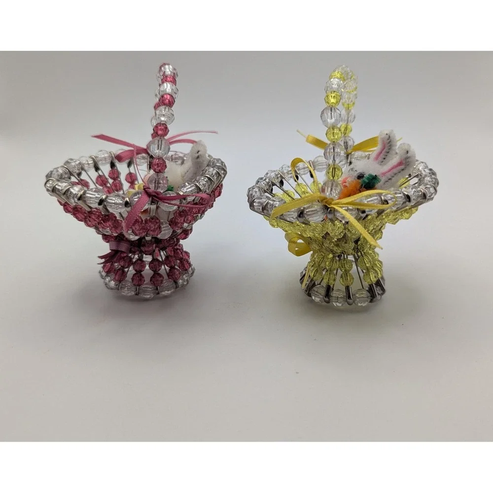 Vintage Handmade Safety Pin Beaded Easter Basket Bunny Set‎ Pink Yellow 2pc